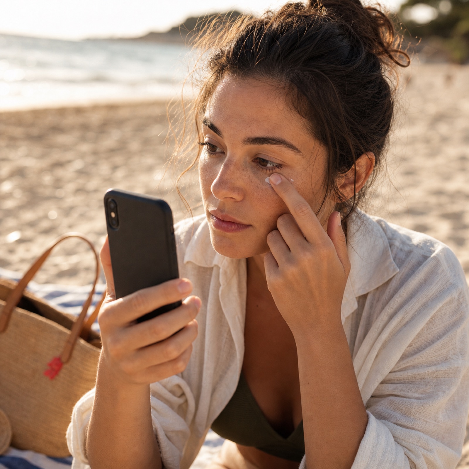 Woman at the beach checking sunscreen near her eye with a stabilized pocket mirror.