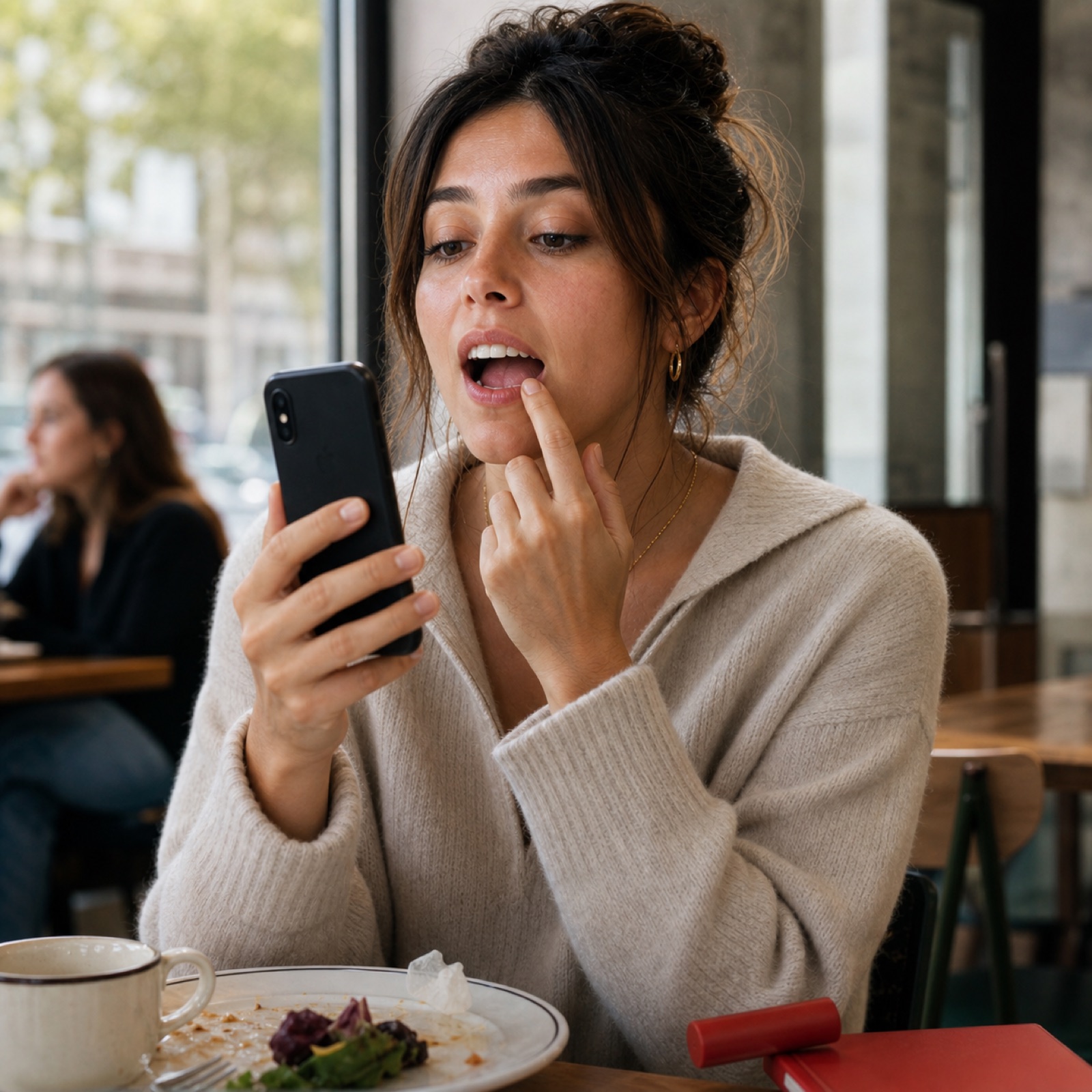 Woman at a cafe checking her teeth after lunch with a stabilized pocket mirror.