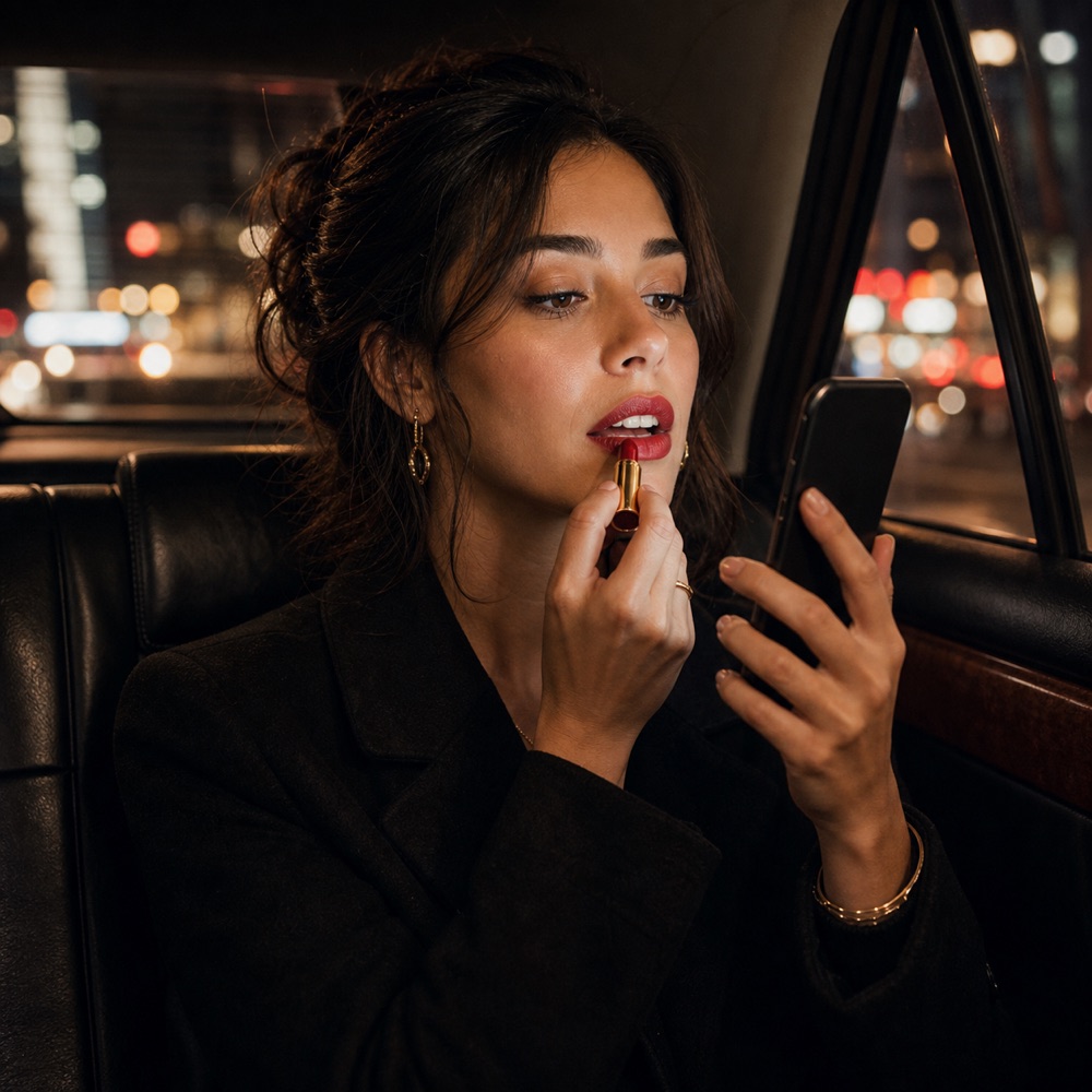Passenger in the back seat of a taxi touching up lipstick with a stabilized pocket mirror.