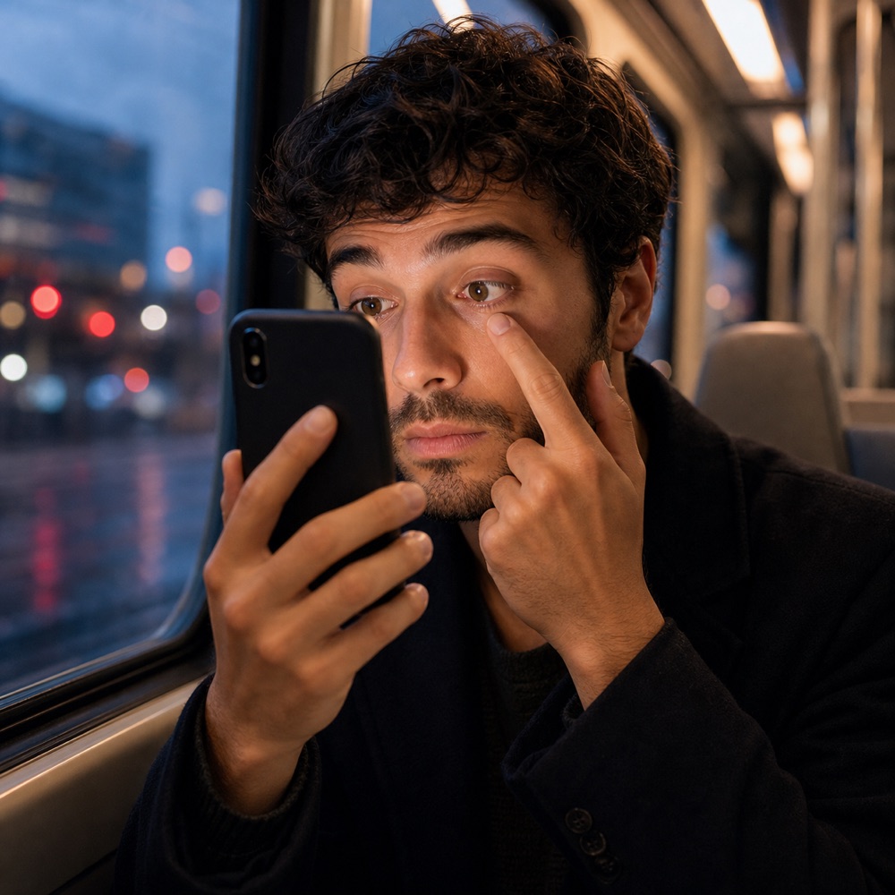 Man checking the area below his eye with a stabilized pocket mirror on an evening train.